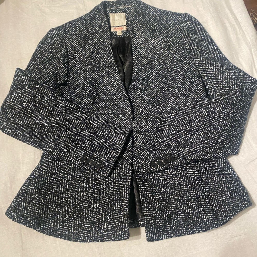 Black and white tweet peplum blazer- size large. Never worn